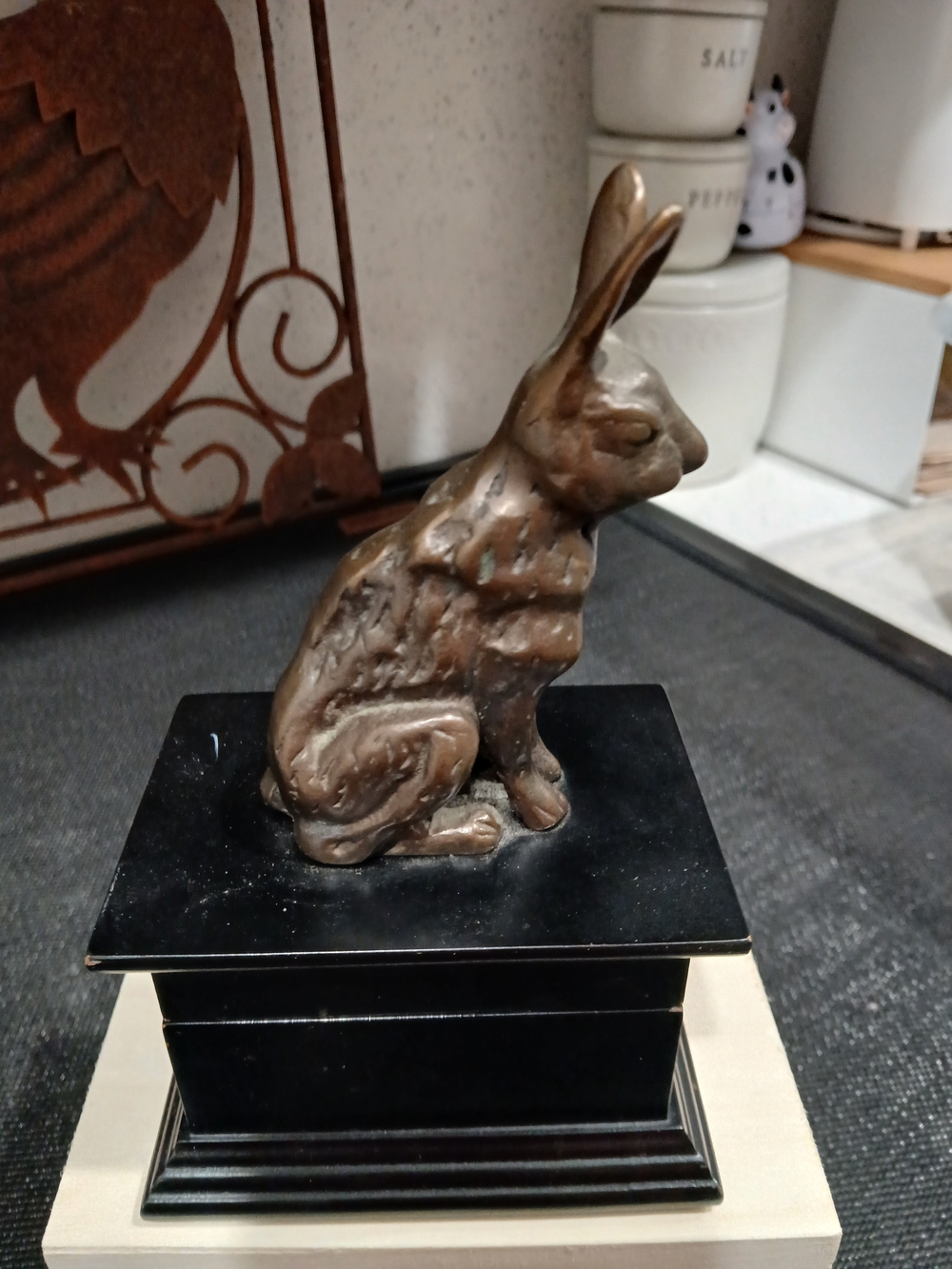 VTG Brass Rabbit Figurine on Black Pedestal - Home Accents